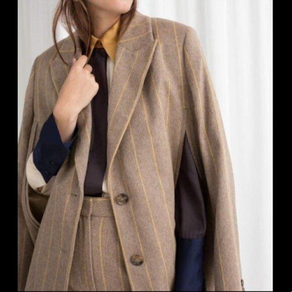 & Other Stories Tan Pinstripe Cape Blazer & Trouser Set Size 4 - Picture 9 of 16
